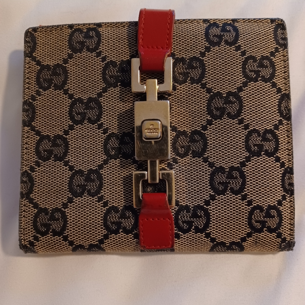 Gucci Beige Black Monogram Wallet with Red Leather Strap and Gold Hardware